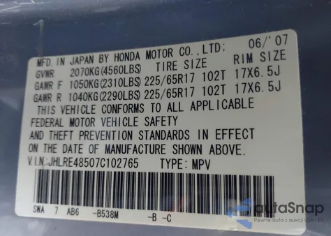 2007 Honda Cr-V Ex z USA, uszkodzony, nr VIN JHLRE48507C102765